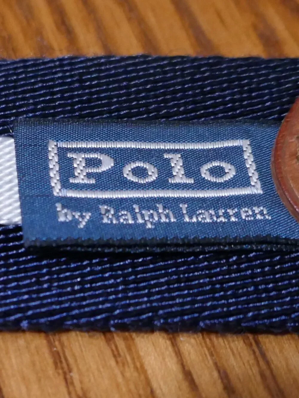Polo Ralph Lauren Navy and White Striped Fabric Webbed Belt Leather Trim 42